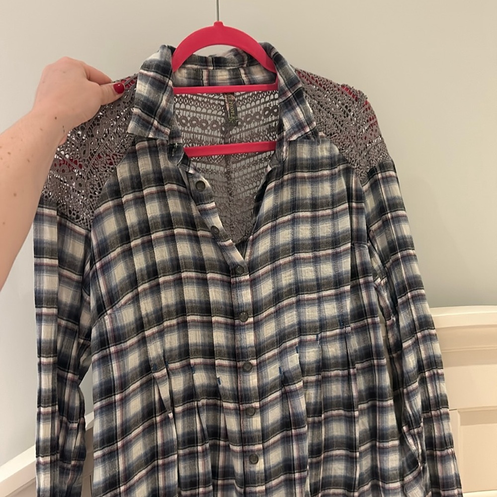 Free People Crinkle Pleated Plaid Snap Button Down